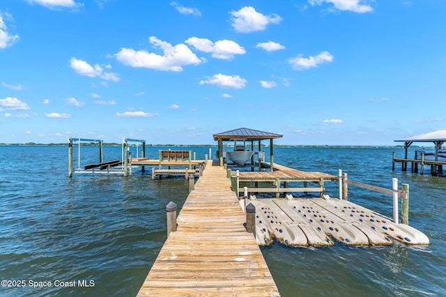 dock with boat lift and a water view