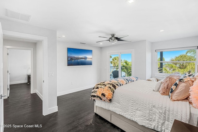 bedroom with baseboards, access to outside, dark wood-style flooring, recessed lighting, and a ceiling fan