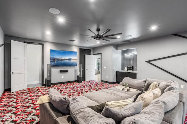 carpeted bedroom with recessed lighting, baseboards, and ceiling fan