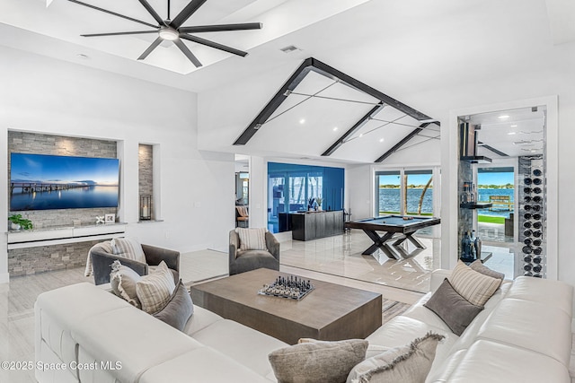 living room featuring recessed lighting, ceiling fan, billiards table, beamed ceiling, and baseboards