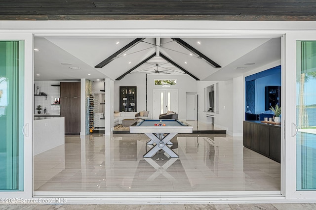 rec room featuring a ceiling fan and recessed lighting