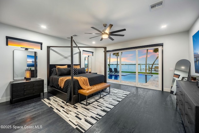 bedroom with access to exterior, wood finished floors, baseboards, recessed lighting, and ceiling fan