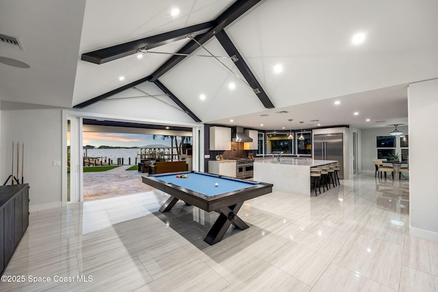 recreation room with billiards, beamed ceiling, high vaulted ceiling, baseboards, and recessed lighting