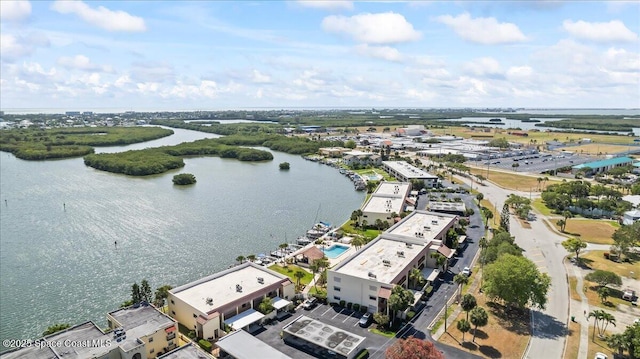 drone / aerial view featuring a water view