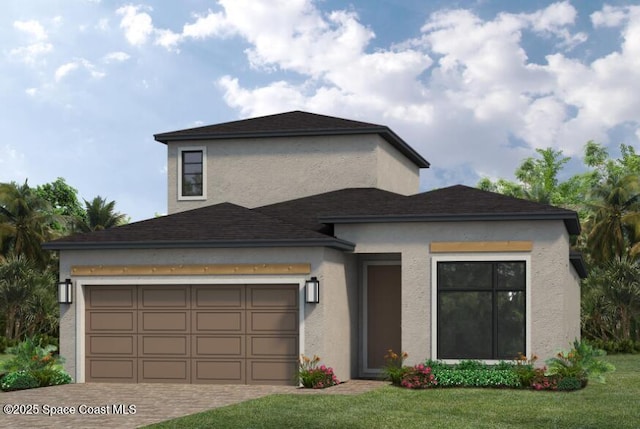 8540 Langila Dr, Melbourne, FL 32940 - prairie-style house featuring a garage, driveway, a front yard, and stucco siding