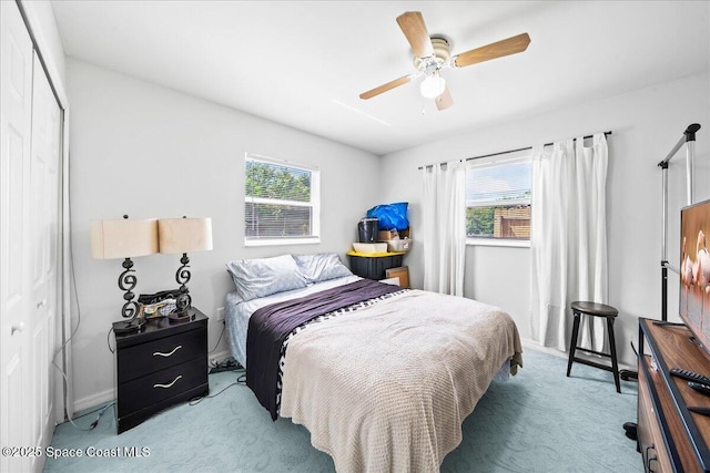 bedroom with a closet, carpet flooring, baseboards, and multiple windows