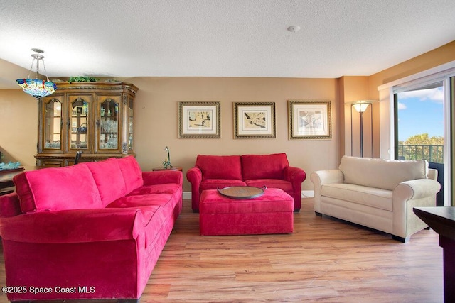 living room featuring a textured ceiling and light wood finished floors