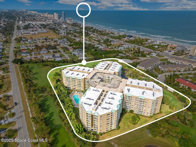 bird's eye view with a water view