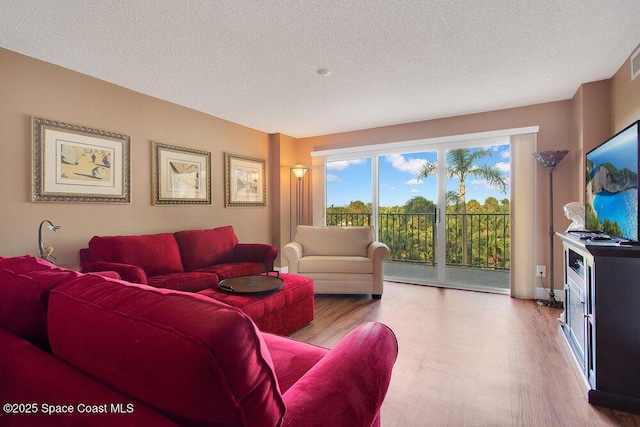 living room with a textured ceiling and wood finished floors