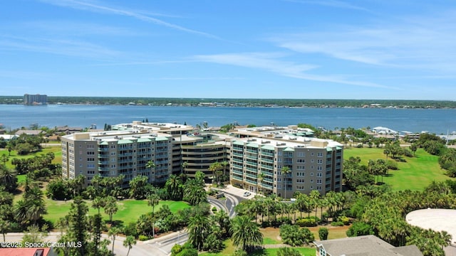 bird's eye view with a water view