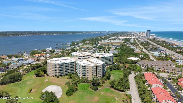 aerial view featuring a water view and view of golf course
