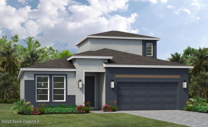 view of front of property featuring stucco siding, an attached garage, a front yard, and decorative driveway