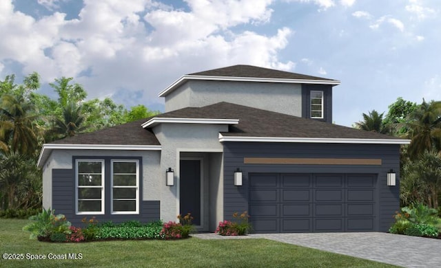 view of front of property featuring stucco siding, an attached garage, a front yard, and decorative driveway