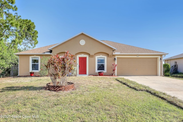 single story home featuring an attached garage, a front lawn, stucco siding, and driveway
