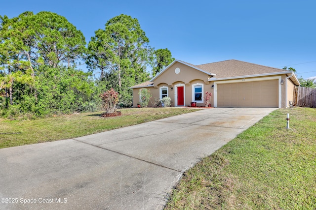ranch-style house featuring fence, stucco siding, an attached garage, driveway, and a front yard