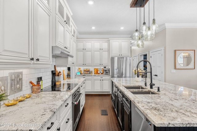 3592 S Park Ave, Titusville, FL 32780 - kitchen with under cabinet range hood, a sink, stainless steel appliances, white cabinets, and ornamental molding
