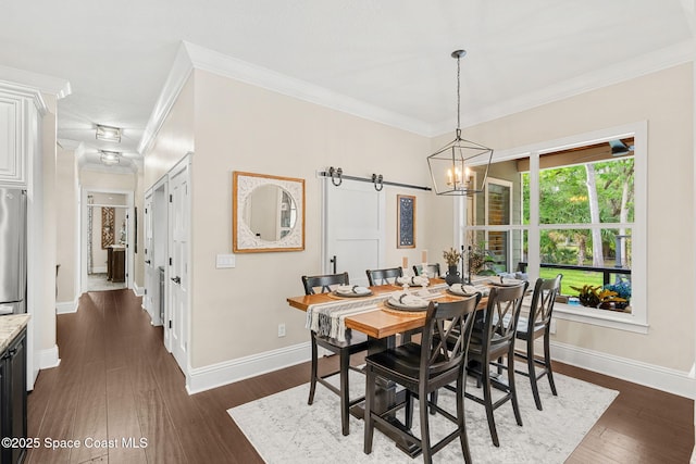 3592 S Park Ave, Titusville, FL 32780 - dining space with crown molding, baseboards, dark wood-style flooring, and a chandelier