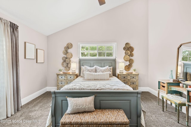 3592 S Park Ave, Titusville, FL 32780 - carpeted bedroom with baseboards, multiple windows, lofted ceiling, and a ceiling fan