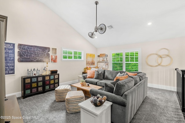 3592 S Park Ave, Titusville, FL 32780 - living room featuring baseboards, carpet floors, high vaulted ceiling, recessed lighting, and a chandelier