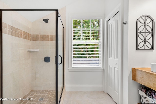 3592 S Park Ave, Titusville, FL 32780 - bathroom featuring a shower stall, tile patterned flooring, and baseboards