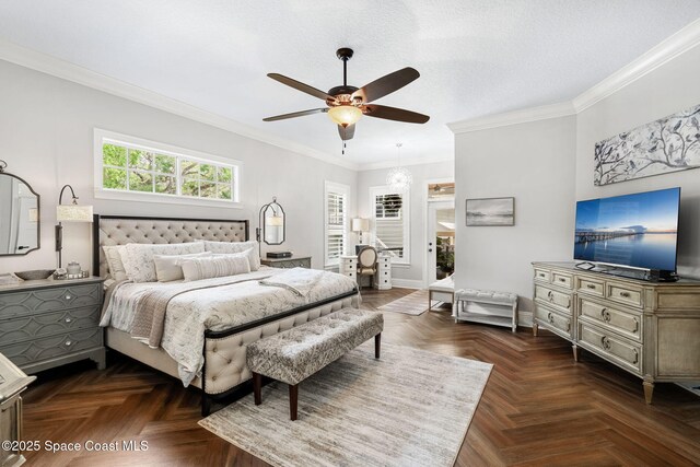3592 S Park Ave, Titusville, FL 32780 - bedroom featuring ornamental molding, baseboards, and a ceiling fan