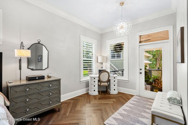 3592 S Park Ave, Titusville, FL 32780 - bedroom featuring baseboards, access to exterior, a chandelier, and crown molding