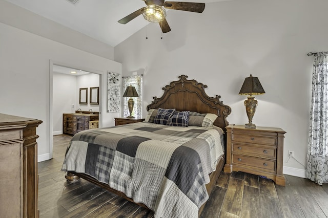 bedroom featuring high vaulted ceiling, ceiling fan, wood finished floors, and baseboards