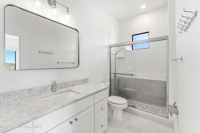2355 N Riverside Dr, Indialantic, FL 32903 - bathroom featuring vanity, toilet, marble finish floor, recessed lighting, and a stall shower