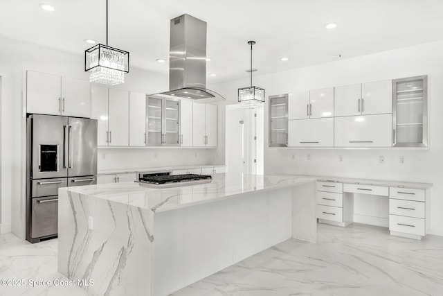 2355 N Riverside Dr, Indialantic, FL 32903 - kitchen featuring stainless steel fridge, island exhaust hood, marble finish floor, and modern cabinets
