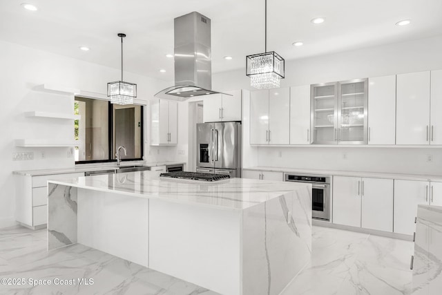 2355 N Riverside Dr, Indialantic, FL 32903 - kitchen with stainless steel appliances, open shelves, a notable chandelier, and island range hood