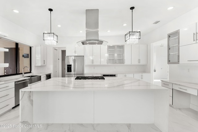 2355 N Riverside Dr, Indialantic, FL 32903 - kitchen featuring island exhaust hood, modern cabinets, white cabinets, and stainless steel appliances