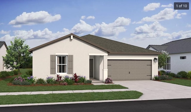 ranch-style house featuring driveway, an attached garage, and stucco siding