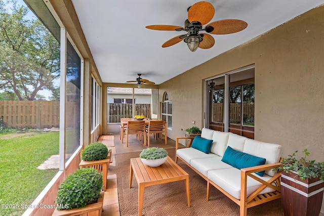 1701 Brookshire Cir, Melbourne, FL 32904 - sunroom / solarium featuring ceiling fan, outdoor lounge area, and outdoor dining area