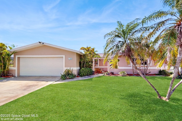 ranch-style house featuring a front lawn, stucco siding, concrete driveway, and an attached garage
