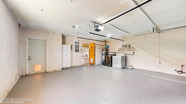 garage with electric panel, water heater, and a garage door opener