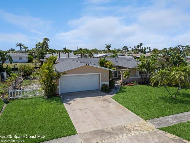 ranch-style home featuring a front yard, stucco siding, driveway, an attached garage, and fence