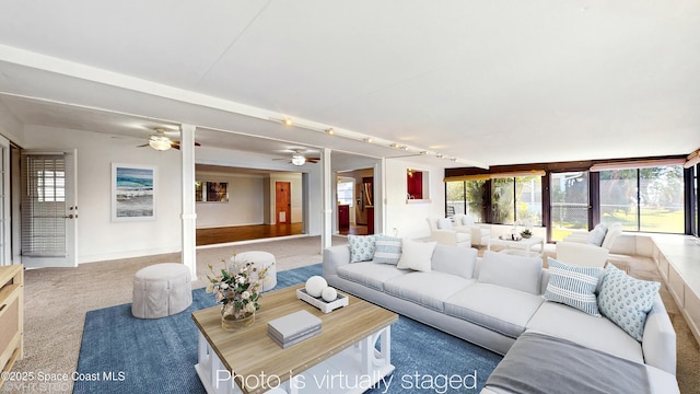 carpeted living area with track lighting, a wealth of natural light, and ceiling fan
