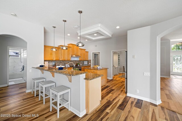 4800 Solitary Dr, Rockledge, FL 32955 - kitchen with dark stone counters, a kitchen island, arched walkways, wood finished floors, and a peninsula