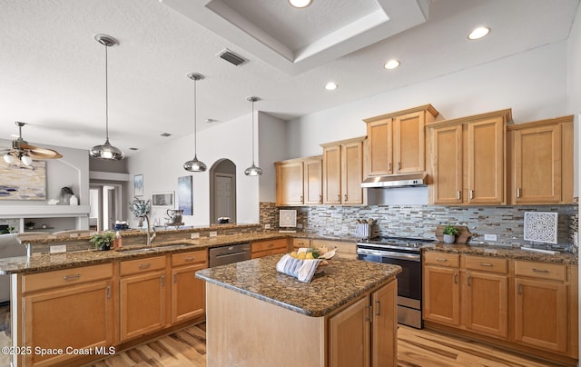 4800 Solitary Dr, Rockledge, FL 32955 - kitchen featuring a sink, under cabinet range hood, light wood-type flooring, a peninsula, and appliances with stainless steel finishes