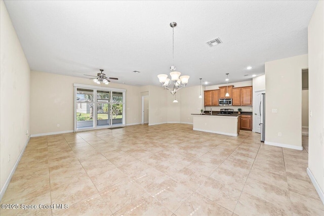3624 Sansome Cir, Melbourne, FL 32940 - unfurnished living room featuring a chandelier, a ceiling fan, baseboards, light tile patterned floors, and recessed lighting