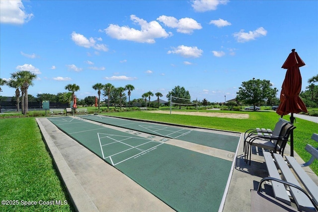 3624 Sansome Cir, Melbourne, FL 32940 - surrounding community with shuffleboard, a yard, and volleyball court