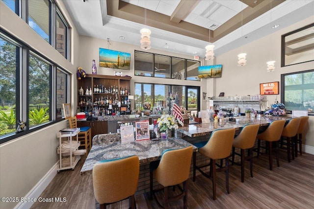 3624 Sansome Cir, Melbourne, FL 32940 - dining room featuring a towering ceiling, a community bar, baseboards, a tray ceiling, and wood finished floors