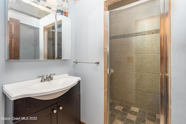 bathroom featuring vanity and a shower stall