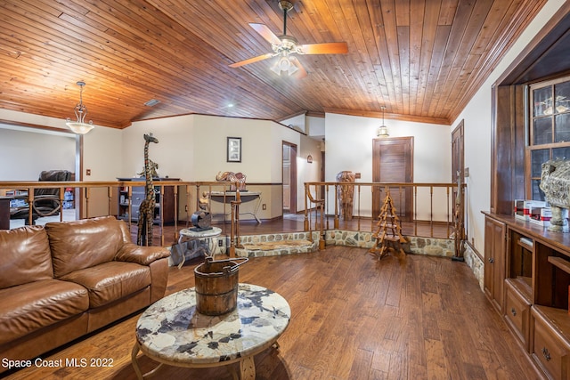 living area with hardwood / wood-style flooring, ceiling fan, baseboards, wooden ceiling, and ornamental molding