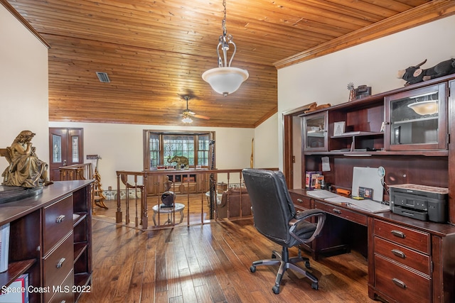 office space featuring dark wood finished floors, wooden ceiling, crown molding, visible vents, and lofted ceiling