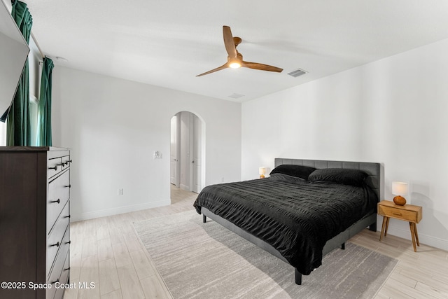 8048 Gullen Dr, Melbourne, FL 32940 - bedroom featuring arched walkways, a ceiling fan, baseboards, light wood-type flooring, and visible vents