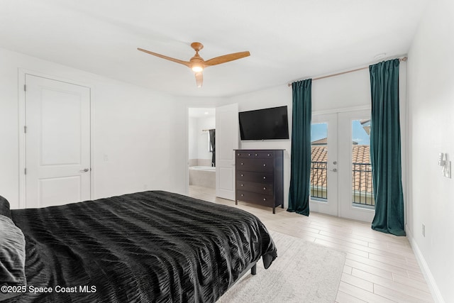 8048 Gullen Dr, Melbourne, FL 32940 - bedroom with baseboards, ensuite bathroom, access to outside, french doors, and a ceiling fan