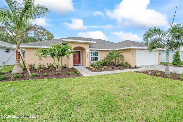 1204 Captiva Island Cir SW, Palm Bay, FL 32908 - ranch-style house with stucco siding, an attached garage, concrete driveway, and a front lawn