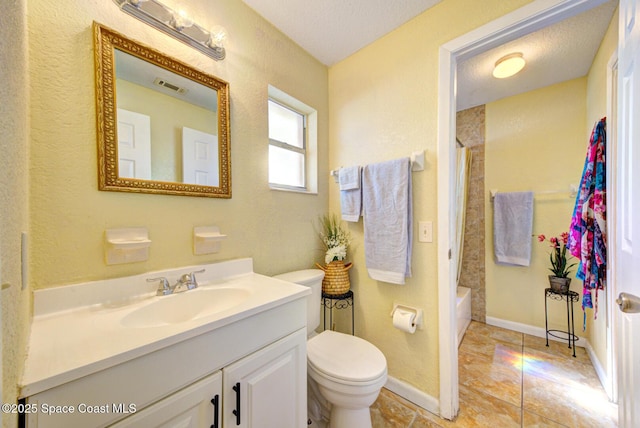 full bath with toilet, visible vents, shower / bathtub combination with curtain, and vanity