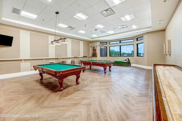rec room featuring visible vents, a tray ceiling, baseboards, a drop ceiling, and pool table